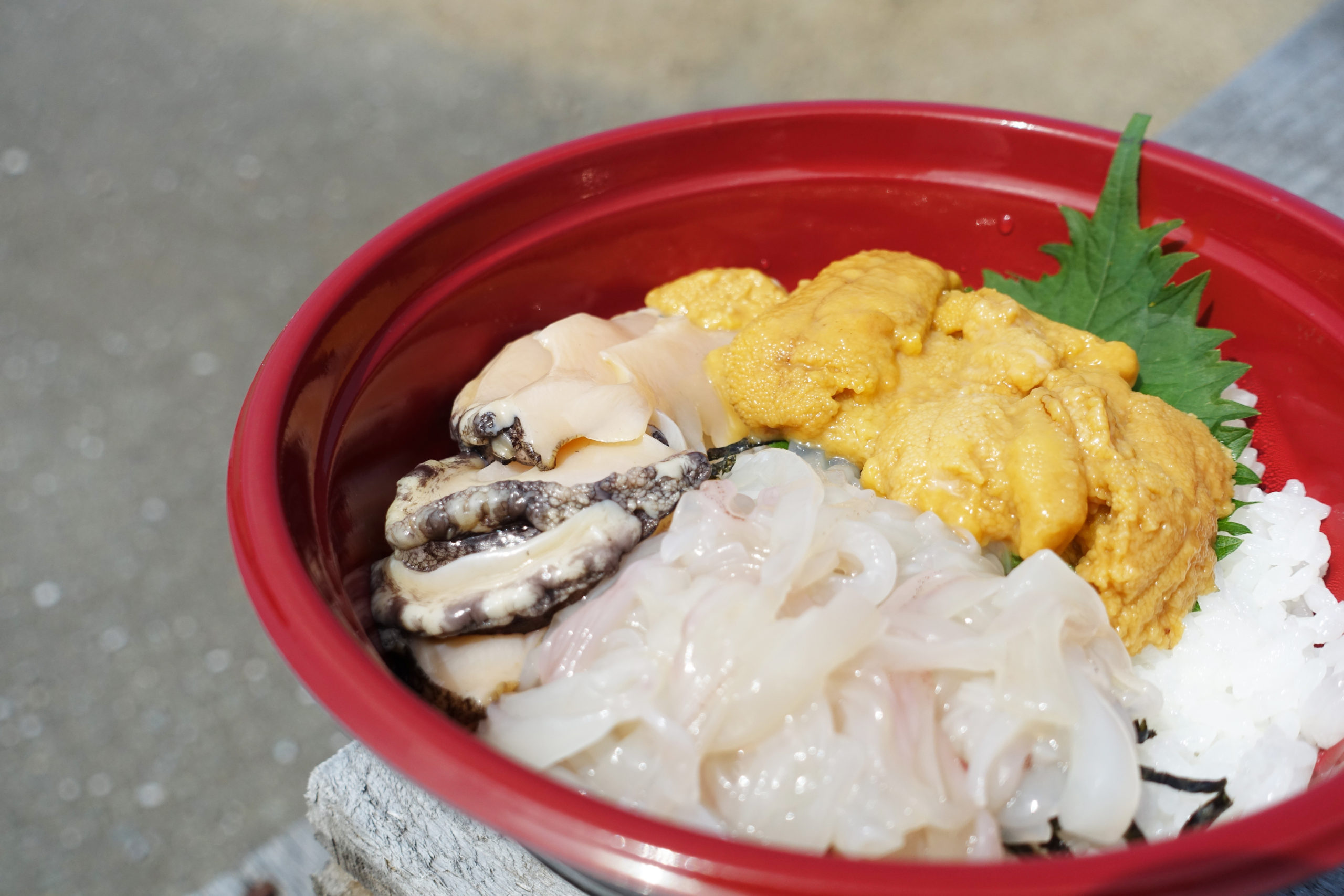 下北のアワビ・ウニ・イカが美しく盛られた海鮮三食丼